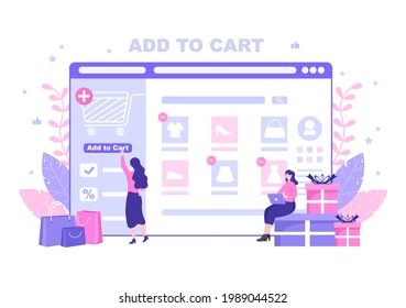 Añadir a la ilustración vectorial de carro que contiene productos de lista, imágenes de carrito y artículos de compras. Plantilla de página de inicio