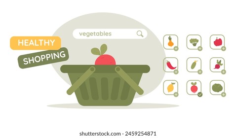 Add to cart vegetables concept. Online shopping. Shopping cart with vegetables