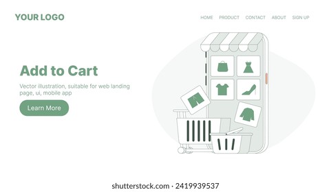 Add to Cart. Web Landing Page Design. Flat Cartoon Vector Illustration. Vector illustration, suitable for web landing page, ui, mobile app.