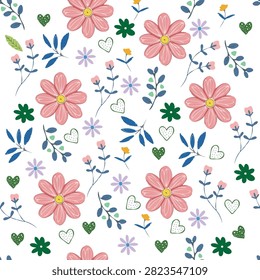 Add charm to your project with this beautiful hand drawn seamless floral pattern featuring lovely pink daisies, cute blue leaves and sweet dotted hearts. Download for a truly stunning look today