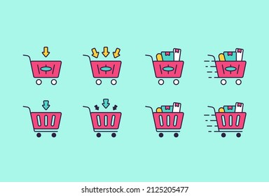 Añadir a la gráfica colección de conjuntos de estilos de esquema rellenados por iconos de la tienda minorista con varias condiciones desde vacío, lleno de artículo completo y en proceso de entrega