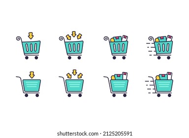 Add to chart retail shopping cart trolley icon filled outline style set collection with various condition from empty, full item filled, and in delivery process