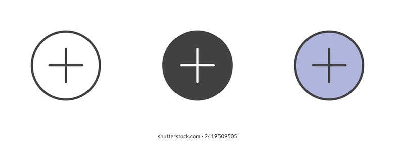 Añadir un botón de círculo diferente conjunto de iconos de estilo. Línea, glifo y contorno relleno versión colorida, contorno y signo vectorial relleno. Más símbolo, ilustración del logotipo. Gráficos vectoriales