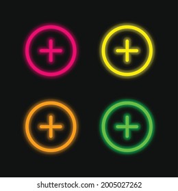 Add Circular Outlined Button four color glowing neon vector icon