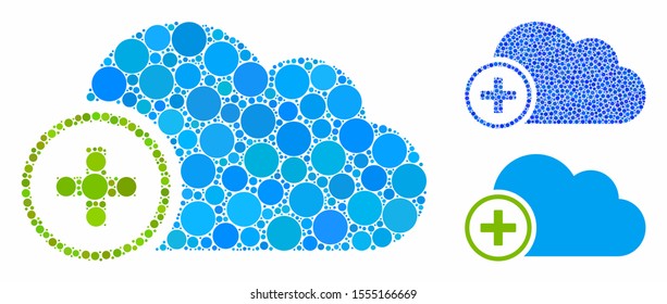 Add cloud composition of round dots in different sizes and shades, based on add cloud icon. Vector round dots are organized into blue composition. Dotted add cloud icon in usual and blue versions.