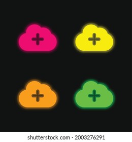 Add To Cloud four color glowing neon vector icon