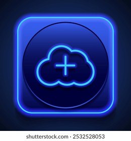 Adicionar, vetor de ícone simples nuvem. Design plano. Estilo de néon azul no botão. Com shadow.ai