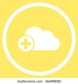 Add Cloud vector icon. Style is flat circled symbol, white color, rounded angles, yellow background.