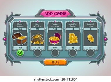 Add coins panel, vector epic game asset with coins icons and buttons