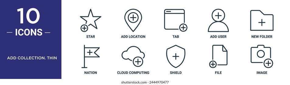 add collection. thin outline icon set includes thin line star, add location, tab, add user, new folder, nation, cloud computing icons for report, presentation, diagram, web design