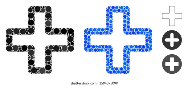Add composition of circle elements in various sizes and color hues, based on add icon. Vector circle elements are grouped into blue composition. Dotted add icon in usual and blue versions.
