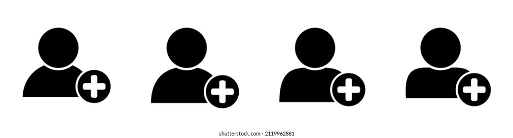 Add contact button icon. User icon with plus in black circle, isolated on white.