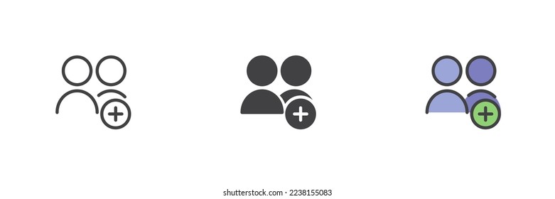 Fügen Sie Kontakt mit verschiedenen Stilsymbolen hinzu. Linie, Glyphe und gefüllte Umrissversion, Kontakt plus Umriss und ausgefülltes Vektorzeichen. Symbol, Logo-Abbildung. Vektorgrafik