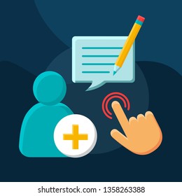 Add Contact Flat Concept Vector Icon. New User Registration Idea Cartoon Color Illustrations Set. Enrollment. Register. Create Account, Record. Sign Up, Log In, Enroll. Isolated Graphic Design Element