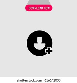 Add Contact Vector Icon, The symbol of round contact picture with add sign. Simple, modern flat vector illustration for mobile app, website or desktop app   
