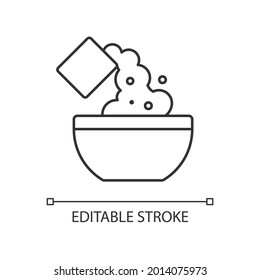 Add cooking ingredient linear icon. Pour flour to mixture. Baking guide step. Cooking instruction. Thin line customizable illustration. Contour symbol. Vector isolated outline drawing. Editable stroke