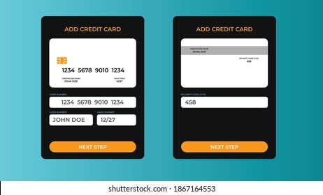 Add credit card web element UI\UX element, form, pop up. Save, add card, send money form with the credit card image.