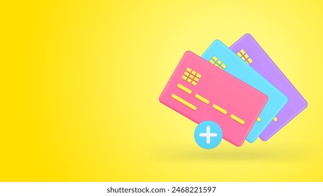 Add credit debit card cashless payment information link banking account 3d icon realistic vector illustration. Join web paying option plus button attachment digital wallet financial e money technology