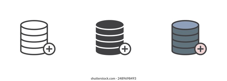 Add database different style icon set. Line, glyph and filled outline colorful version, outline and filled vector sign. Data recovery symbol, logo illustration. Vector graphics
