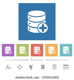 Add to database flat white icons in square backgrounds. 6 bonus icons included.