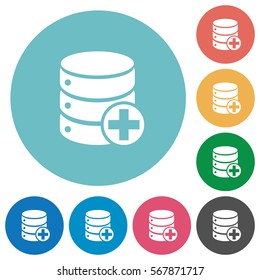 Add to database flat white icons on round color backgrounds