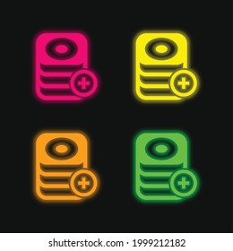Añadir base de datos cuatro colores brillante icono de vector neón