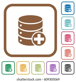 Add to database simple icons in color rounded square frames on white background