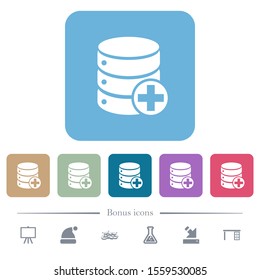 Add to database white flat icons on color rounded square backgrounds. 6 bonus icons included
