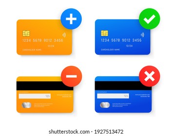 Add and Delete credit card actions vector design. Approved and Failed Payment icon.