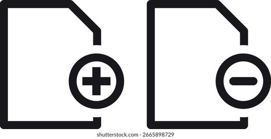 Add and delete file icon set isolated on white background . Add and remove document icons . Vector illustration