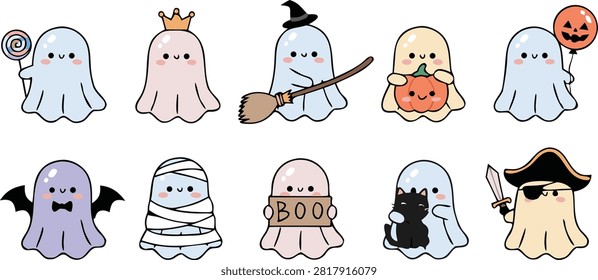 Add a delightfully spooky and adorable charm to your autumn projects with this cute Halloween ghost clipart collection! Featuring 10 unique, kawaii ghosts dressed up in fun holiday costumes—holding sweet lollipops, wearing princess crowns, riding witch brooms, hugging jack-o'-lanterns, floating with pumpkin balloons, sporting bat wings, wrapped as mummies, holding 
