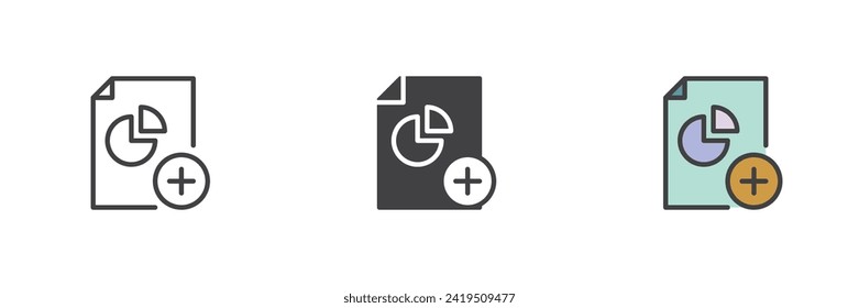 Add diagram chart different style icon set. Line, glyph and filled outline colorful version, outline and filled vector sign. Pie chart with plus Symbol, logo illustration. Vector graphics