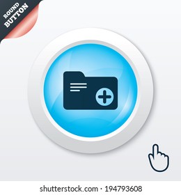 Add document folder sign. Accounting binder symbol. Bookkeeping management. Blue shiny button. Modern UI website button with hand cursor pointer. Vector