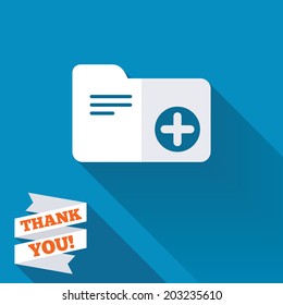 Add document folder sign. Accounting binder symbol. Bookkeeping management. White flat icon with long shadow. Paper ribbon label with Thank you text. Vector
