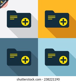 Add document folder sign. Accounting binder symbol. Bookkeeping management. Four squares. Colored Flat design buttons. Vector