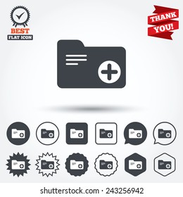 Add document folder sign. Accounting binder symbol. Bookkeeping management. Circle, star, speech bubble and square buttons. Award medal with check mark. Thank you ribbon. Vector