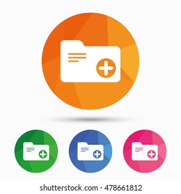 Add document folder sign. Accounting binder symbol. Bookkeeping management. Triangular low poly button with flat icon. Vector