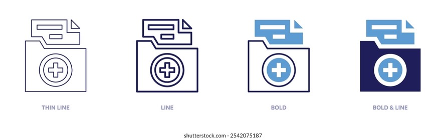 Añadir icono de documento en 4 estilos diferentes. Línea delgada, línea, negrita y línea negrita. Estilo duotono. Trazo editable.