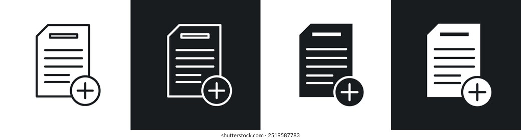 Adicione a coleção de ícones de documento no estilo de linha de traçado e preenchido em preto e branco.
