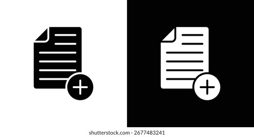 Agregar colección de icono de documento. Ilustración vectorial rellena en blanco y negro.