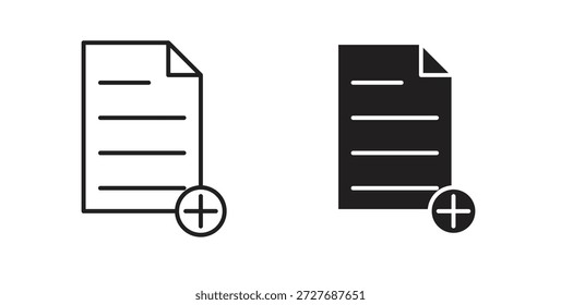 Adicionar ícone de documento em design de linha e cores sólidas em preto e branco para designs
