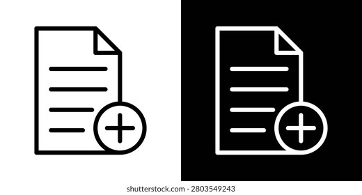 Add document icon in outline style showing a file with plus symbol, representing new file creation, document addition, content management, file organization and digital records.