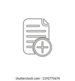 add document icon, paper and plus in circle. Dotted outline silhouette with shadow on white background
