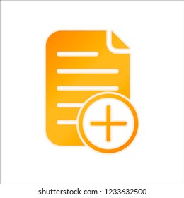 add document icon, paper and plus in circle. Orange sign with low light on white background