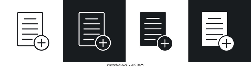 Add document icon set black and white colors. Graphic Vector icons pack