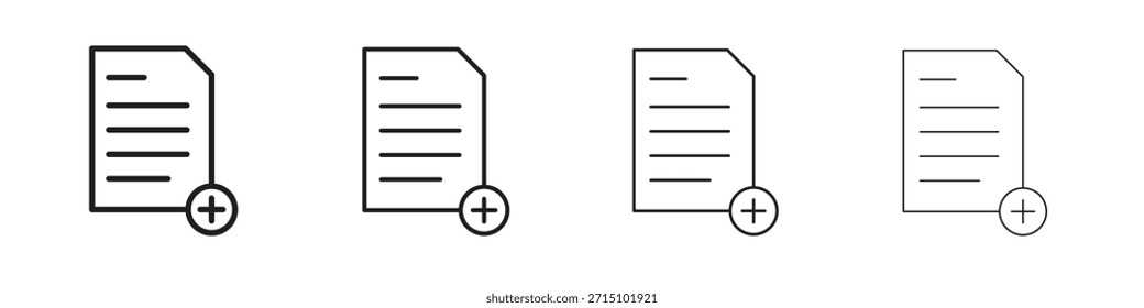 Agregar conjunto de iconos de documento. Una colección de simples iconos negros de trazos finos