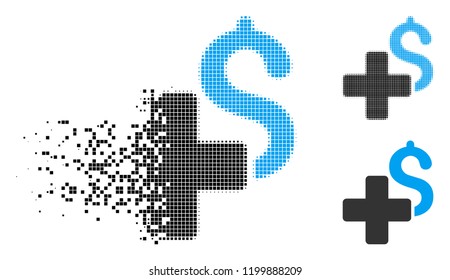 Add dollar icon in dissipating, dotted halftone and undamaged entire versions. Particles are combined into vector disappearing add dollar form. Disappearing effect involves rectangular particles.