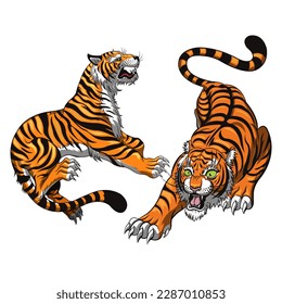 Add double the power and grace to your project with these two stunning tiger illustrations, each captured in a unique and dynamic pose, and available in high-quality vector EPS format