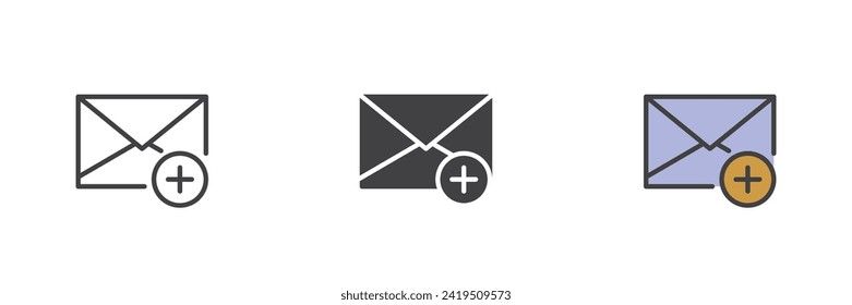 Añadir un mensaje de correo electrónico con un conjunto de iconos de estilo diferente. Línea, glifo y contorno relleno versión colorida, contorno y signo vectorial relleno. Sobre con símbolo más, ilustración del logotipo. Gráficos vectoriales