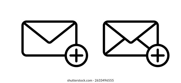 Add email outline icon. Envelope message with plus sign symbol